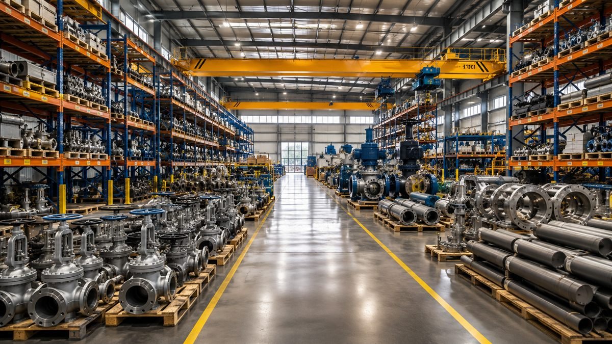 Industrial warehouse aisle with organized supply inventory